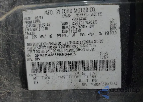 2015 Ford Edge Sel z USA, uszkodzony, nr VIN 2FMTK4J85FBB84406